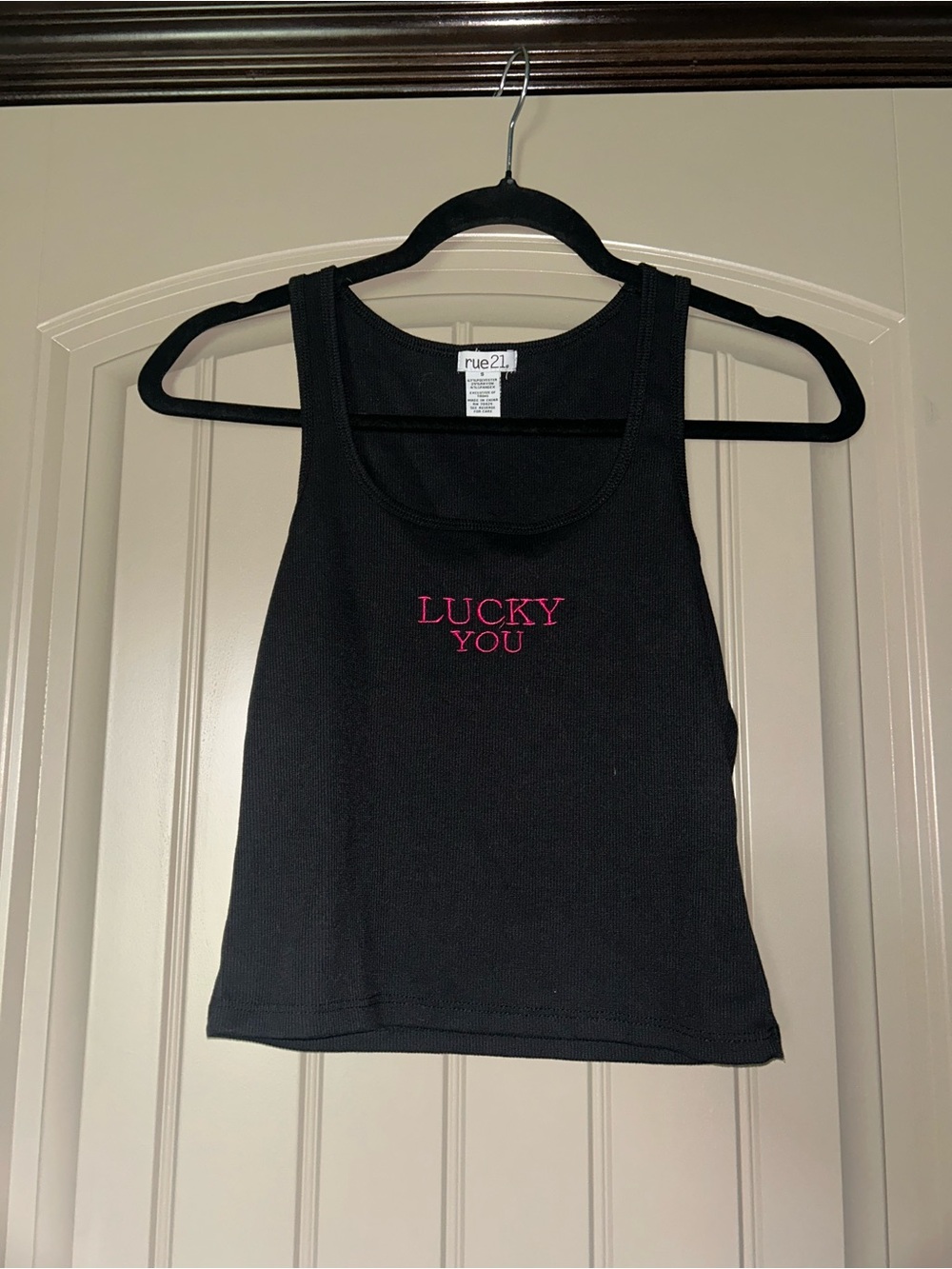 rue21 Black Ribbed Cropped Tank with Pink Script Detail